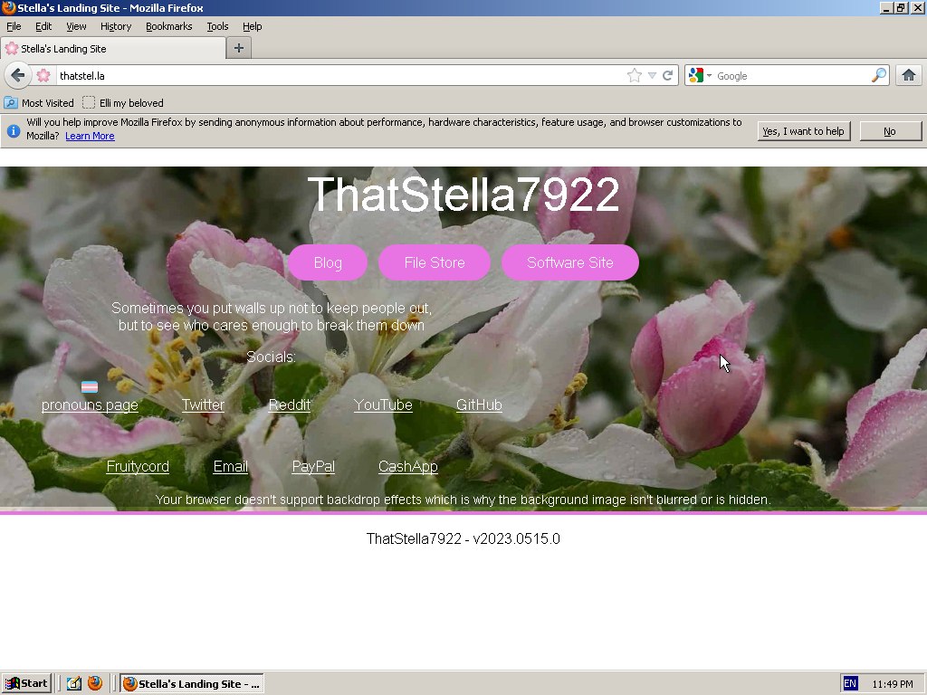 Screenshot of my landing page loaded in Firefox 12 on Windows 2000