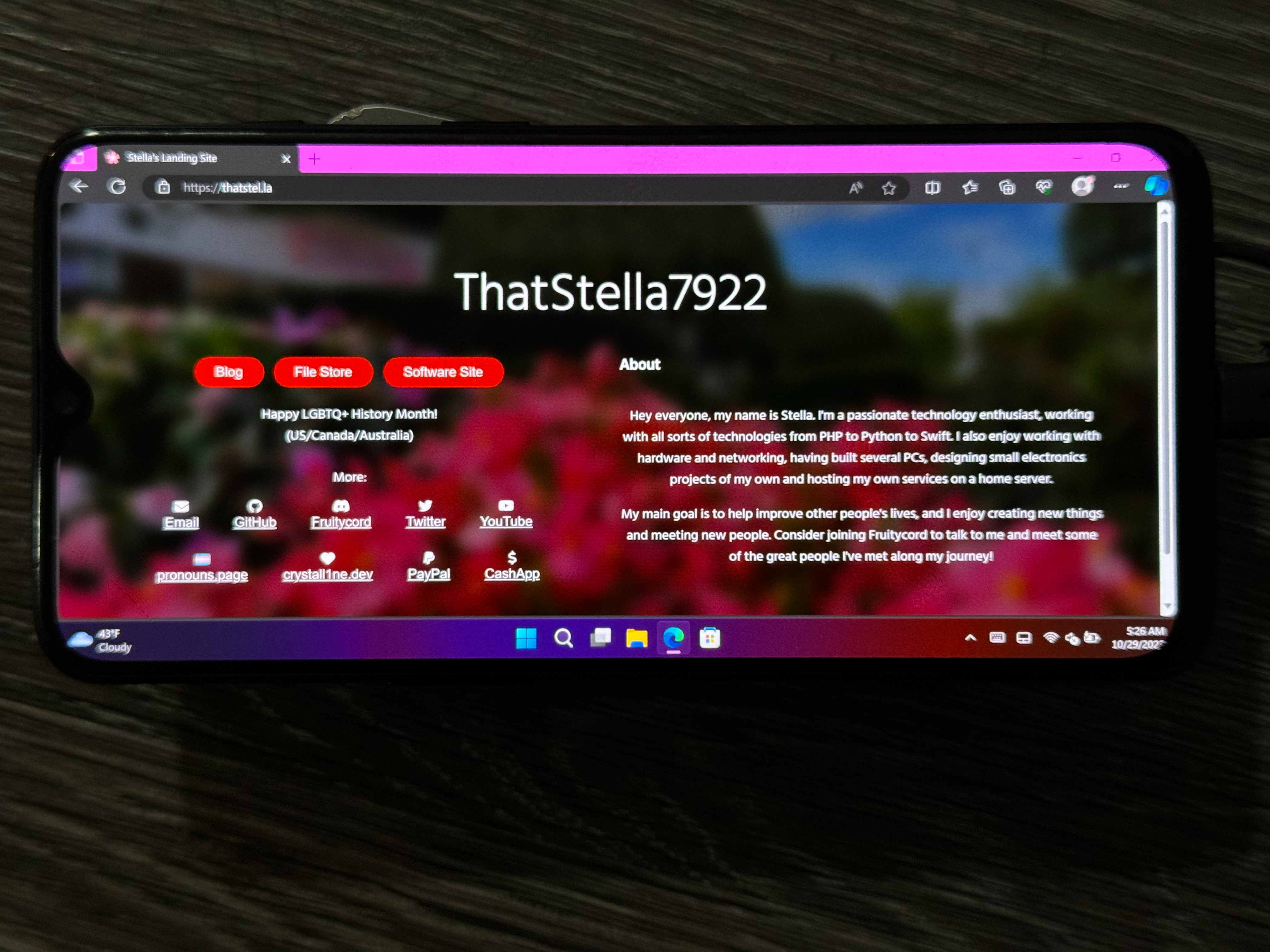 Image of Stella's Landing Site running in Microsoft Edge on the 6T